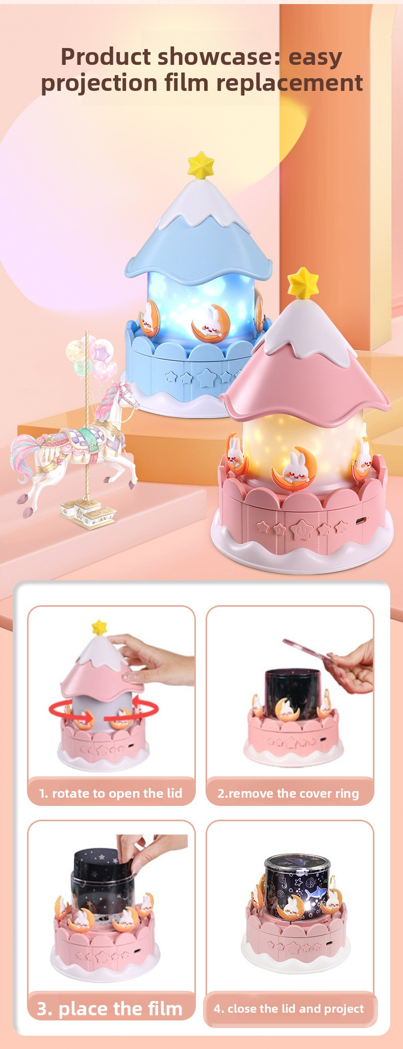 Creative starry sky light, ambient light gift music box, children's night light, girls' carousel projection light toy creative starry sky light, ambient light gift music box, children